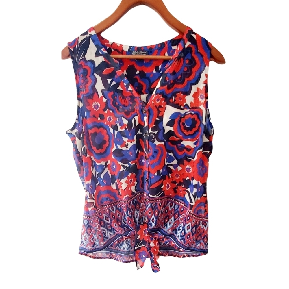 Lucky Brand Sleeveless Red White and Blue Floral Print Tie Front Top Size Small
